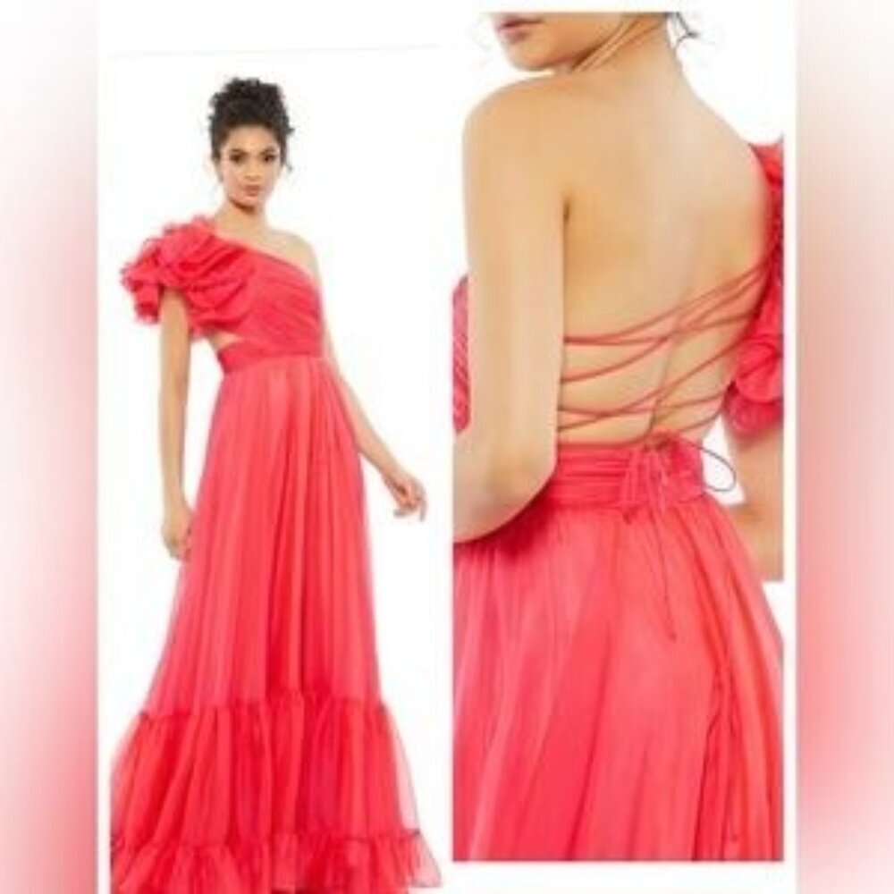 Mac Duggal A67941Pink Chiffon Evening Gown Maxi Dress Corset Back Size 4 NWT
